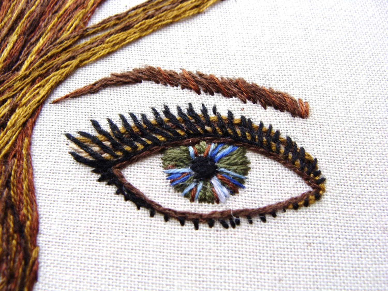 Almond Eye Lady, Hand Embroidered Wall Art, 6 inch hoop, red lips, brown hair, eye lash, makeup, home decor