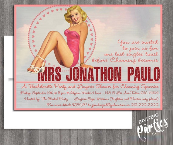 Vintage Pin Up Girl  Invitation- Bachelorette party, Hens night, Lingerie Shower Birthday invite diy print file PRINTED OPTIONAL