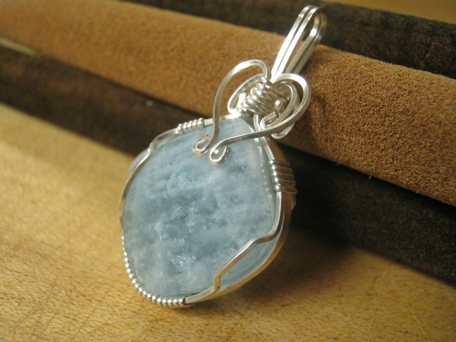 Blue Aquamarine Faceted Pendant, Wire Wrapped Heart