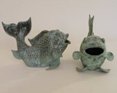 Pair of Verdigris Bronze Walking Carp Fish Sculpture