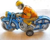 Vintage 1970s Hungarian Wheel Friction Motorcycle Scooter Motorcyclist Lithographic Tin Toy