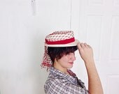 1960s Raffia Straw Hat / Red and White / Hat with Train / Netting / Boater Hat / For Her