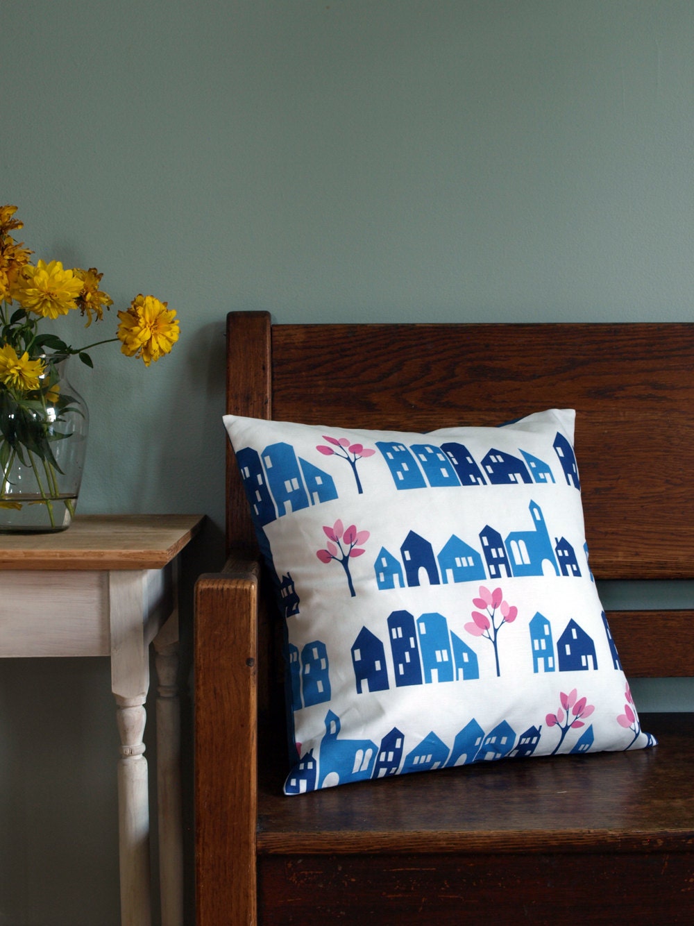 Blue Houses and Pink Trees Printed Pillow Cover 18x18