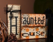 HAUNTED HOUSE Fall Halloween Home Decor Wooden Blocks