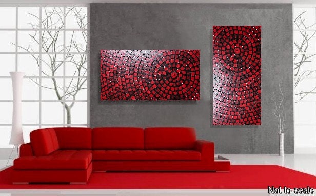 48 x 24 ORIGINAL Abstract Acrylic Painting Art Deco Textured Black Red Squares Modern Ready to Hang FREE SHIPPING