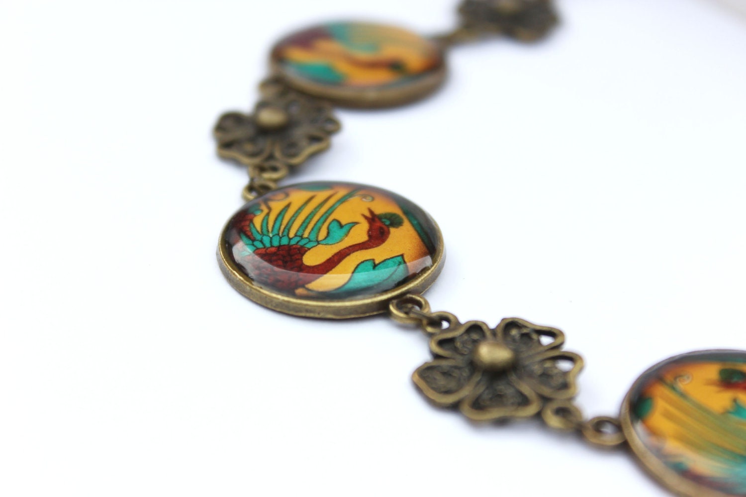 Vintage style antique bronze Asian art resin necklace