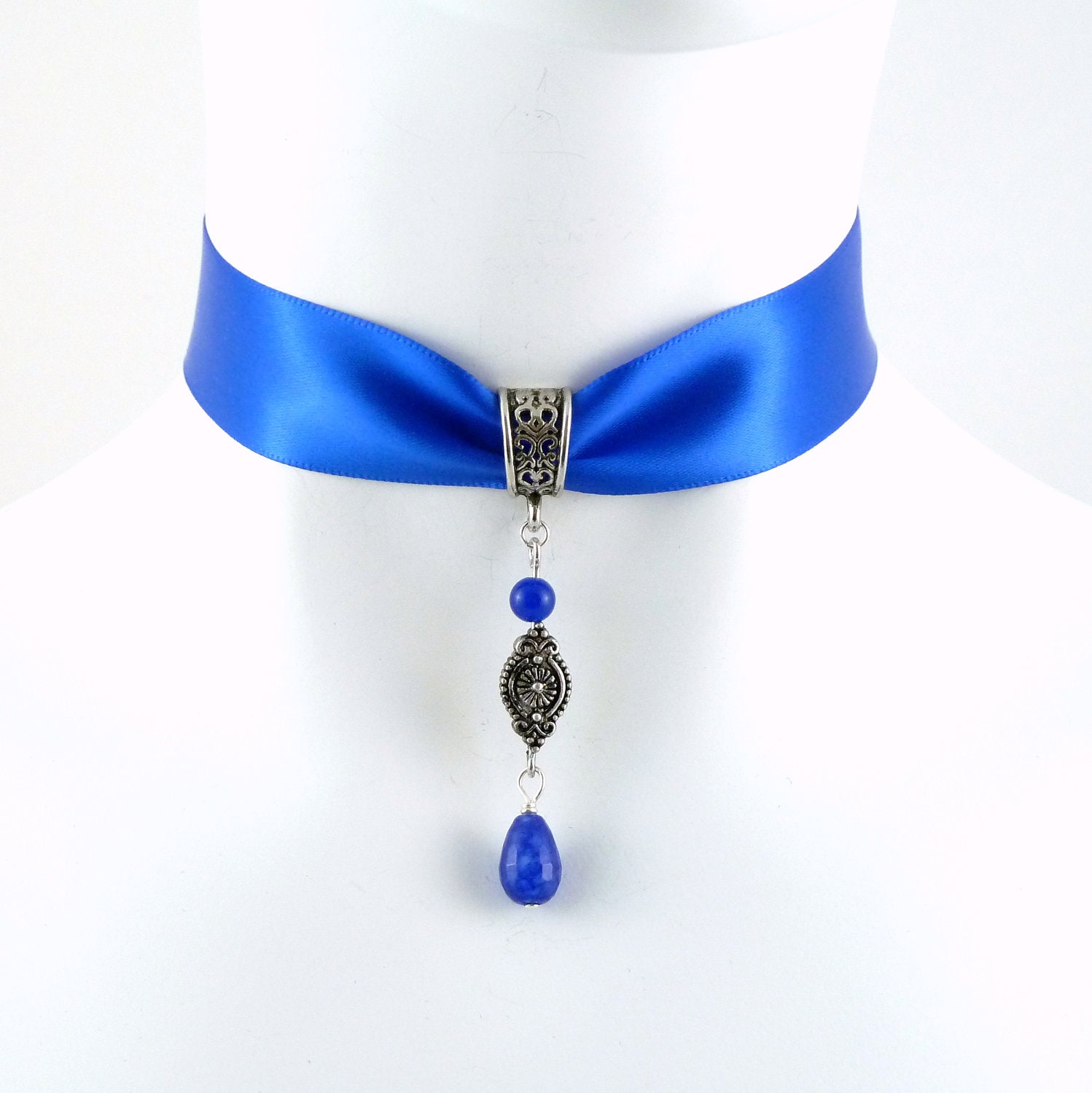 Blue Satin Choker Necklace with Long Sapphire Beads and Pewter Dangle - Victorian, Ball, Sexy, Glam, Lingerie, Elegant