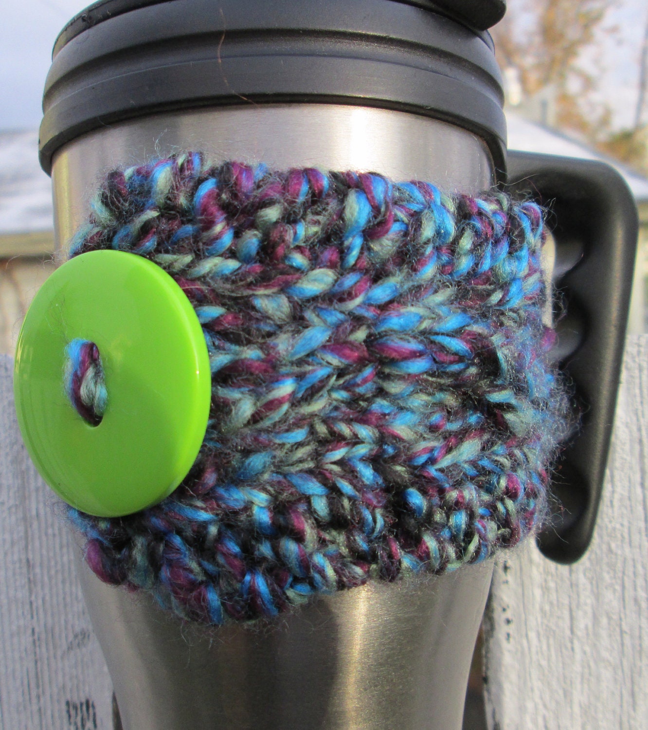 Purple, Blue, & Green Cabled Cozy with Big Green Button