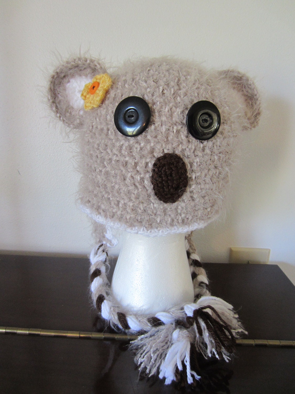 KOALA BEAR HAT.  Very Soft Brown Koala Hat with Braids and Flower.