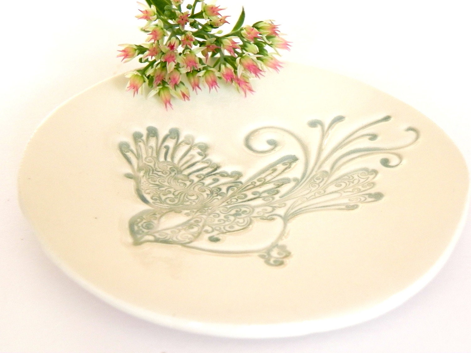 Bird Ceramic Dish African Violet and Mint Green  Wedding Decor Plate White Ring Holder