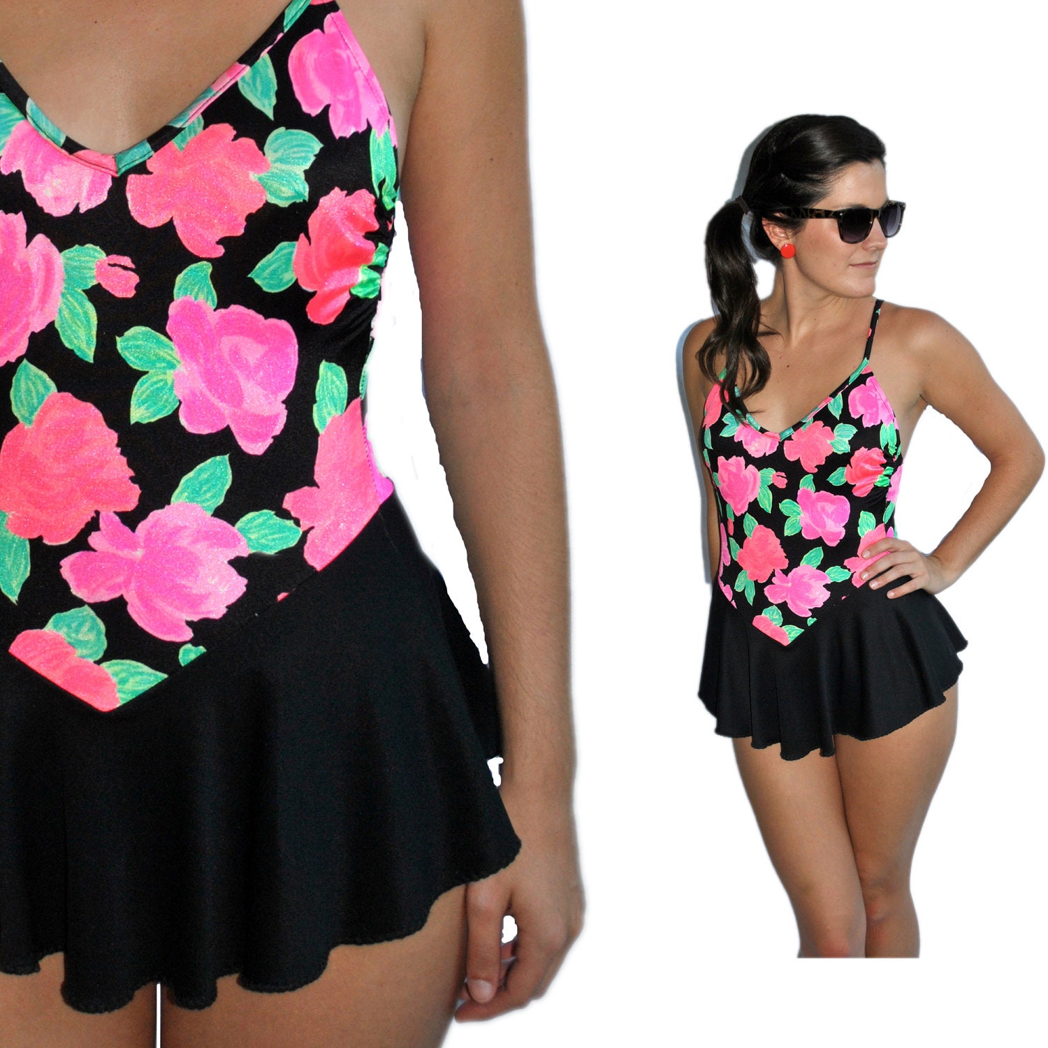 SALE Bathing Suit with Skirt Retro Vintage 60s Pink & Black Rose Skirted Swimsuit -- Fun Flirty Mod Hot Pink Rose Low Back Small Medium
