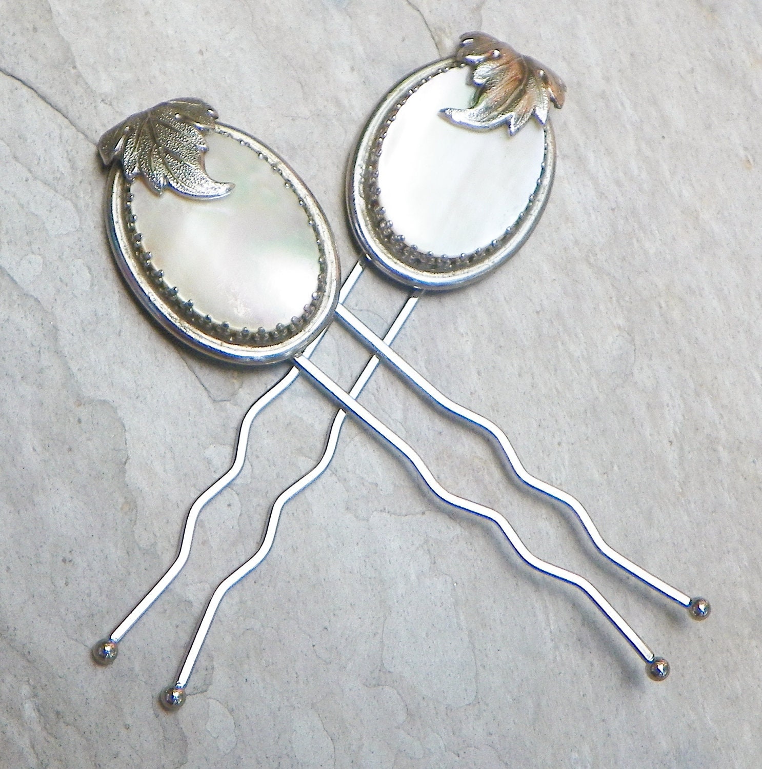 Vintage Mermaid Mother Pearl Gatsby Hair Pins, Whiting Davis Upcycled