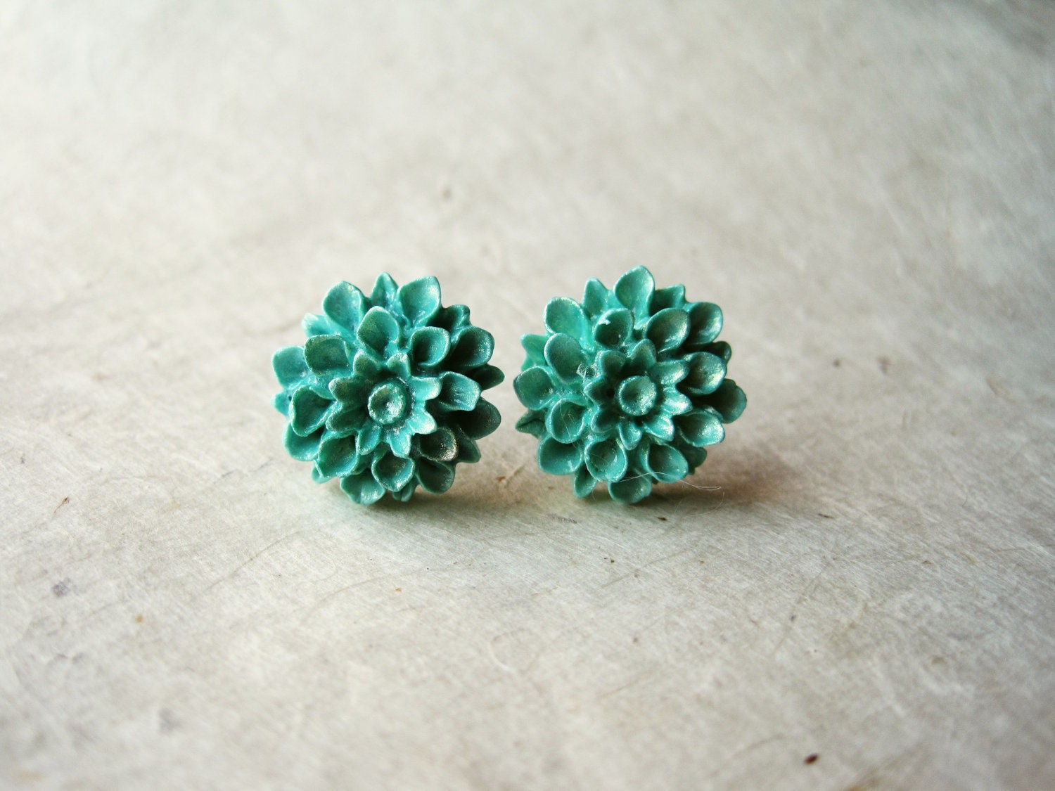 Mint Flower Earrings. Handmade Polymer Clay Stud Earrings. Summer Fashion. Aqua Dahlia Studs. Shimmering Mint. FSE1.