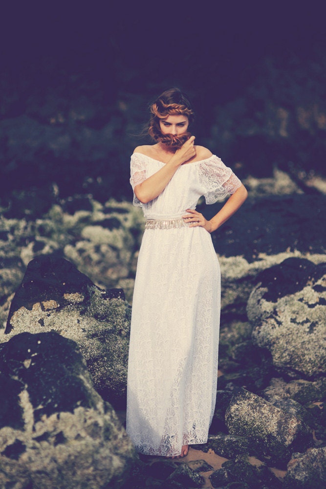 white lace wedding dress, off the shoulder , bohemian beach wedding
