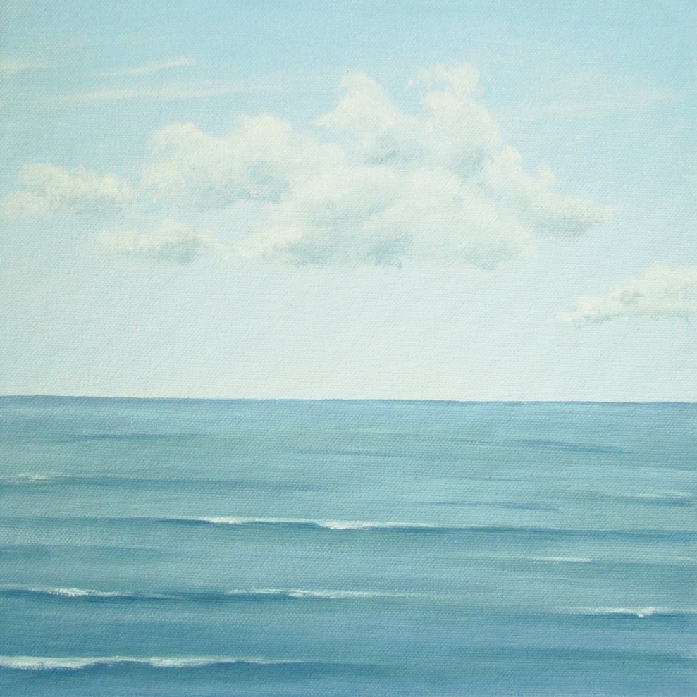 Original Seascape Painting, Calm Sea, Ocean Painting, Blue Sky Fine Art, Skyscape, Blue Water Fine Art, White Clouds, 10 X 10