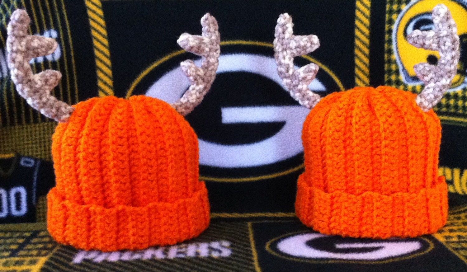 Daddy's Little Deer Hunter Crochet Blaze Orange Beanie Hat with Antlers -Newborn/Infant