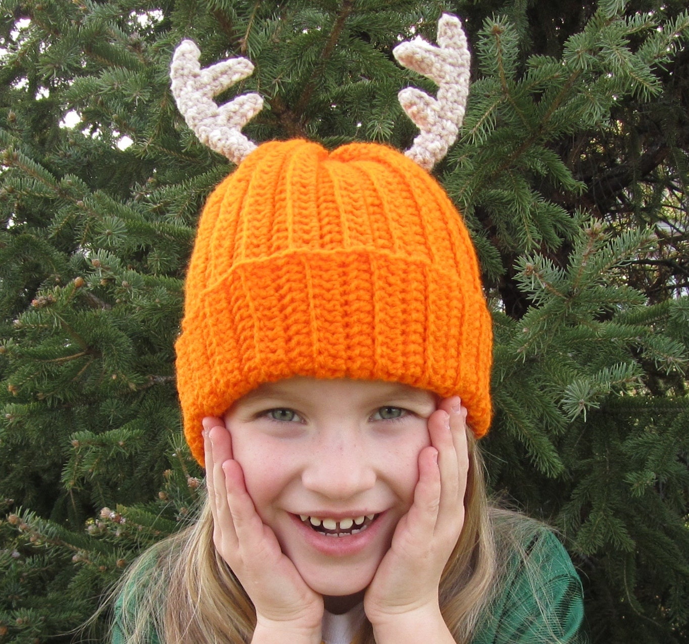Daddy's Little Deer Hunter Blaze Orange Crochet Beanie with Deer Antlers Toddler/Child