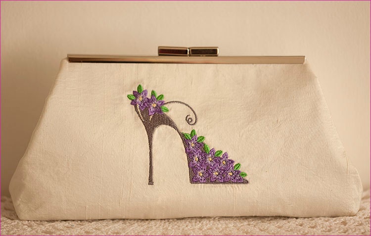 Clutch Purse Ivory Silk Bridal Purse Embroidered Shoe Design