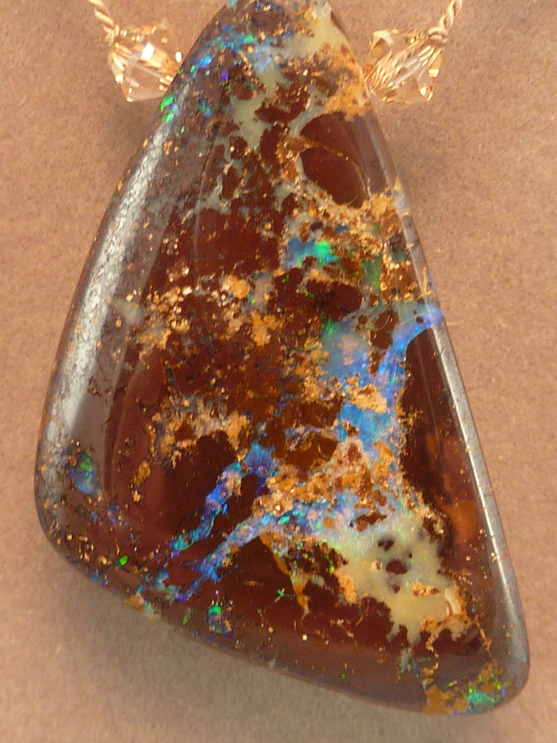 Australian boulder opal pendant necklace with faceted labradorite hand knotted on silk