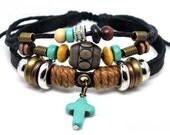 Women/Couple Bracelet Soft Leather Bracelet with Color Bead Crossing Pendant Wristband Cuff Bracelet  1244A