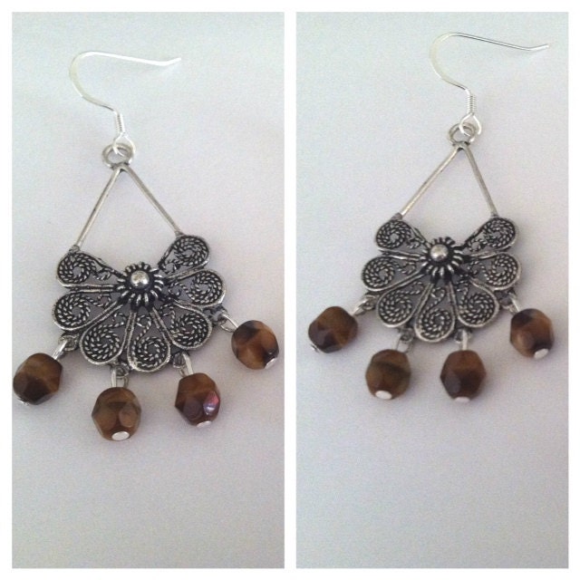 Ornate Silver and Earthy Brown Bead Earrings