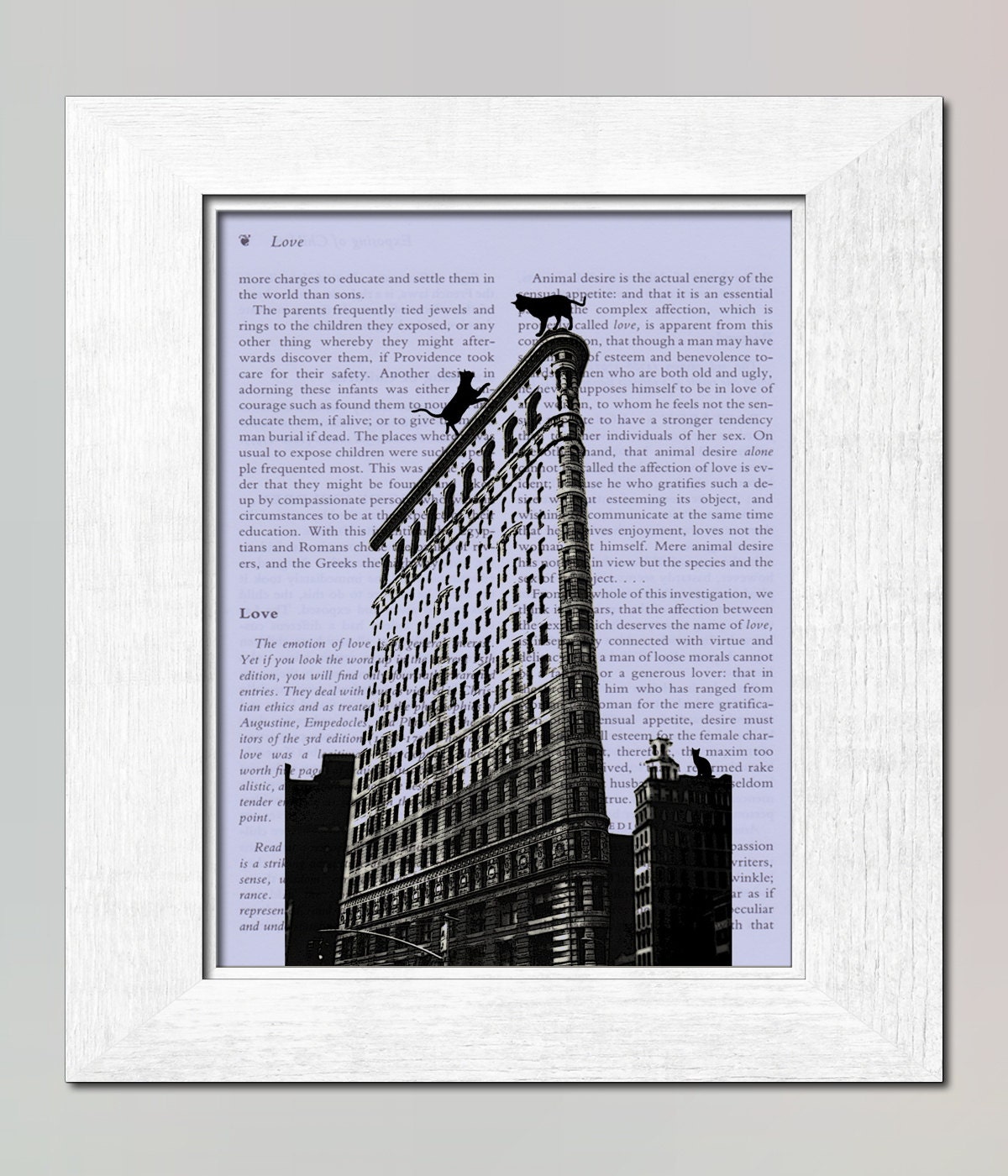 Cat and Cat on the Flatiron Building Print on salvaged page book art print from original linocut design