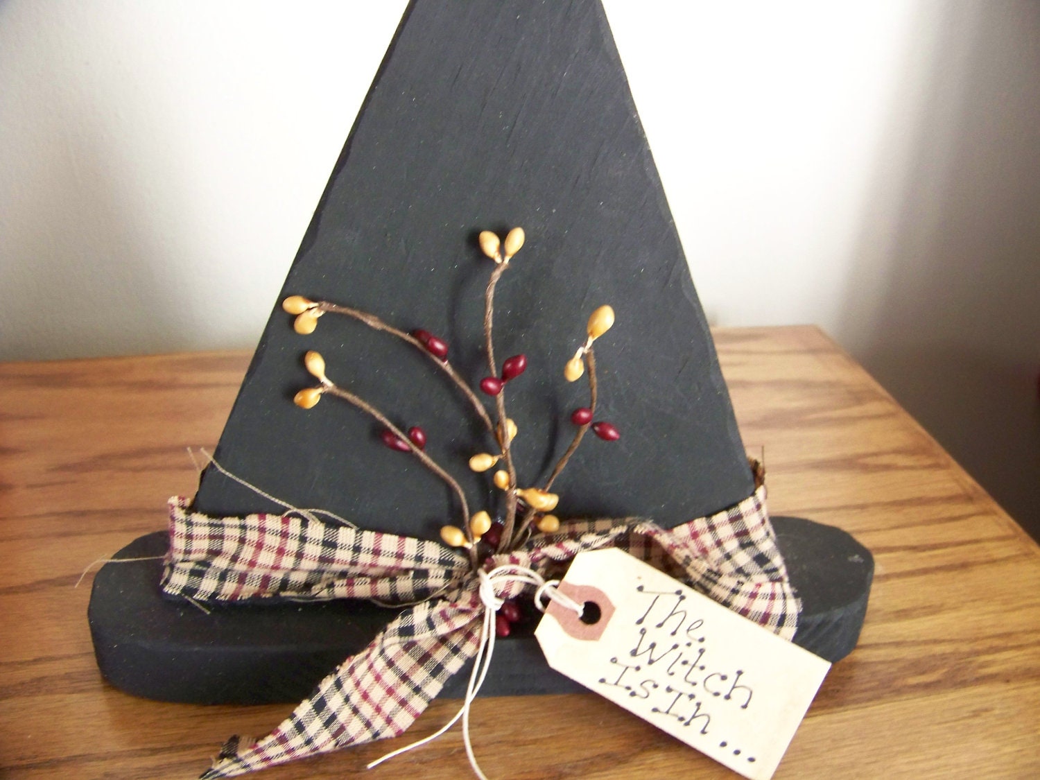 Primitive Wood Witch Hat with Burgundy and Black Band and Pip Berries