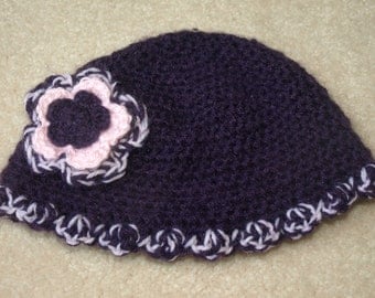 Purple crocheted wool cap with flower- 6-12 months- baby hat