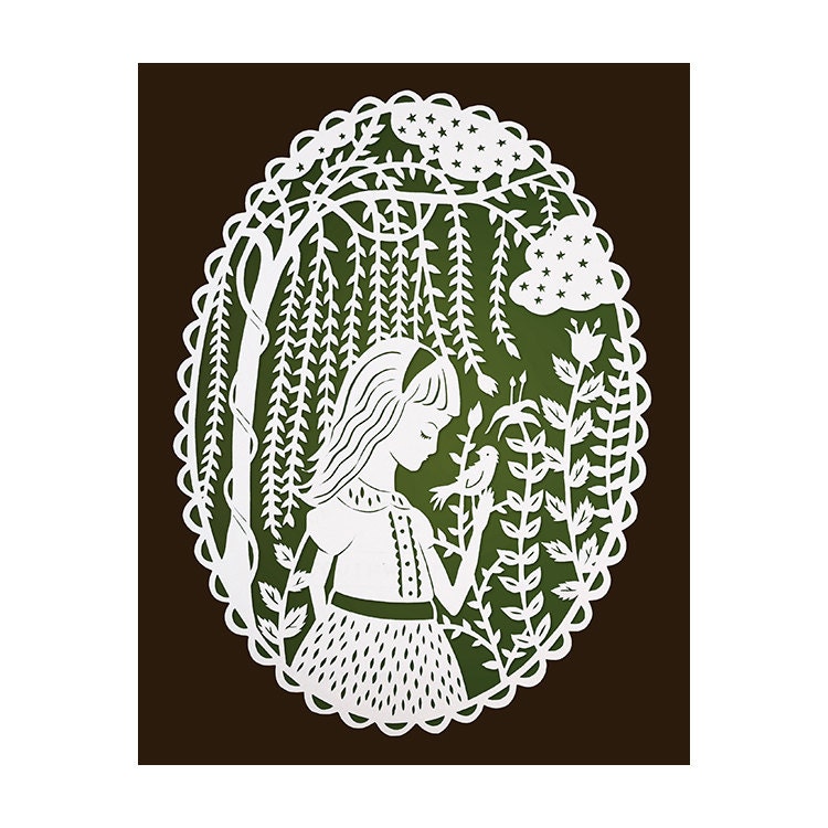 Girl and the Willow Tree - Original Papercut Illustration - Brown and Green - 8x10 Print