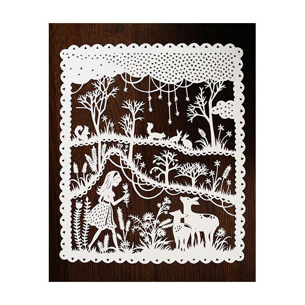Handcut Paper Illustration - Original Papercut - Girl and Deer in the Meadow