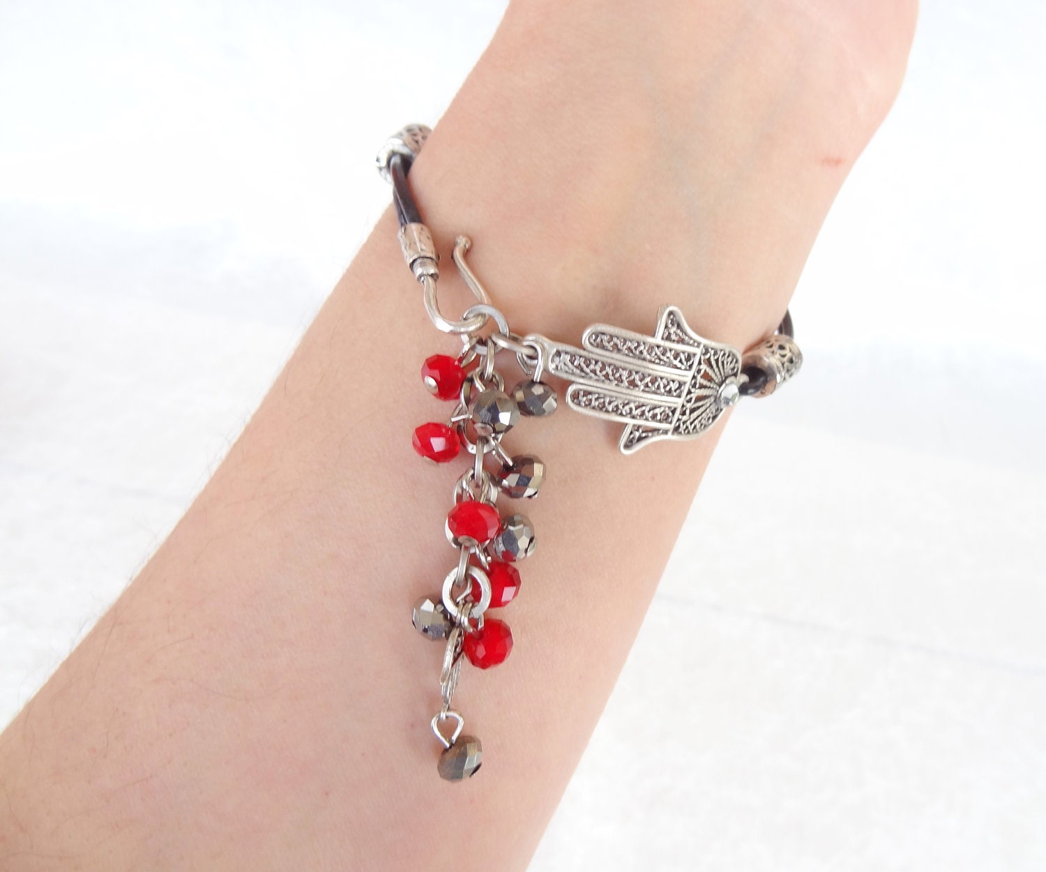 Hamsa-Hand of Fatima Bracelet , Silver Plated Bracelet, Black Leather Bracelet, Handmade Christmas
