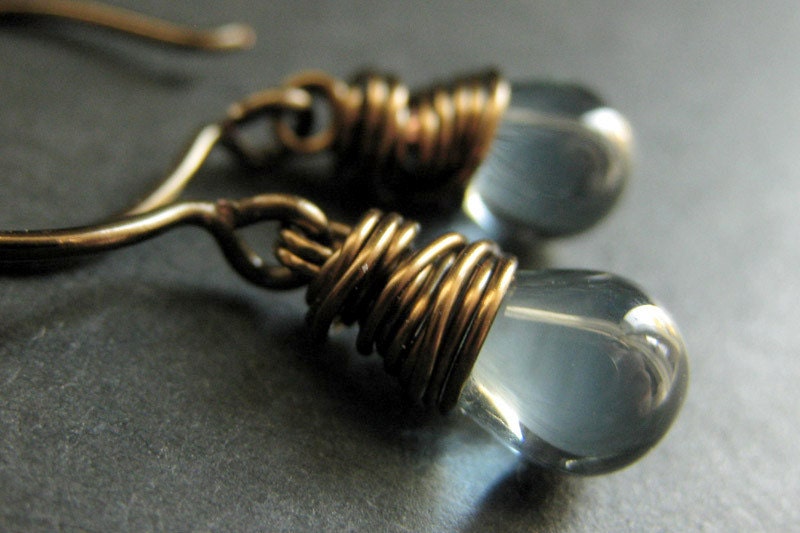 BRONZE Earrings - Blue Earrings. Dusk Blue Drop Earrings. Wire Wrapped Earrings. Handmade Jewelry.