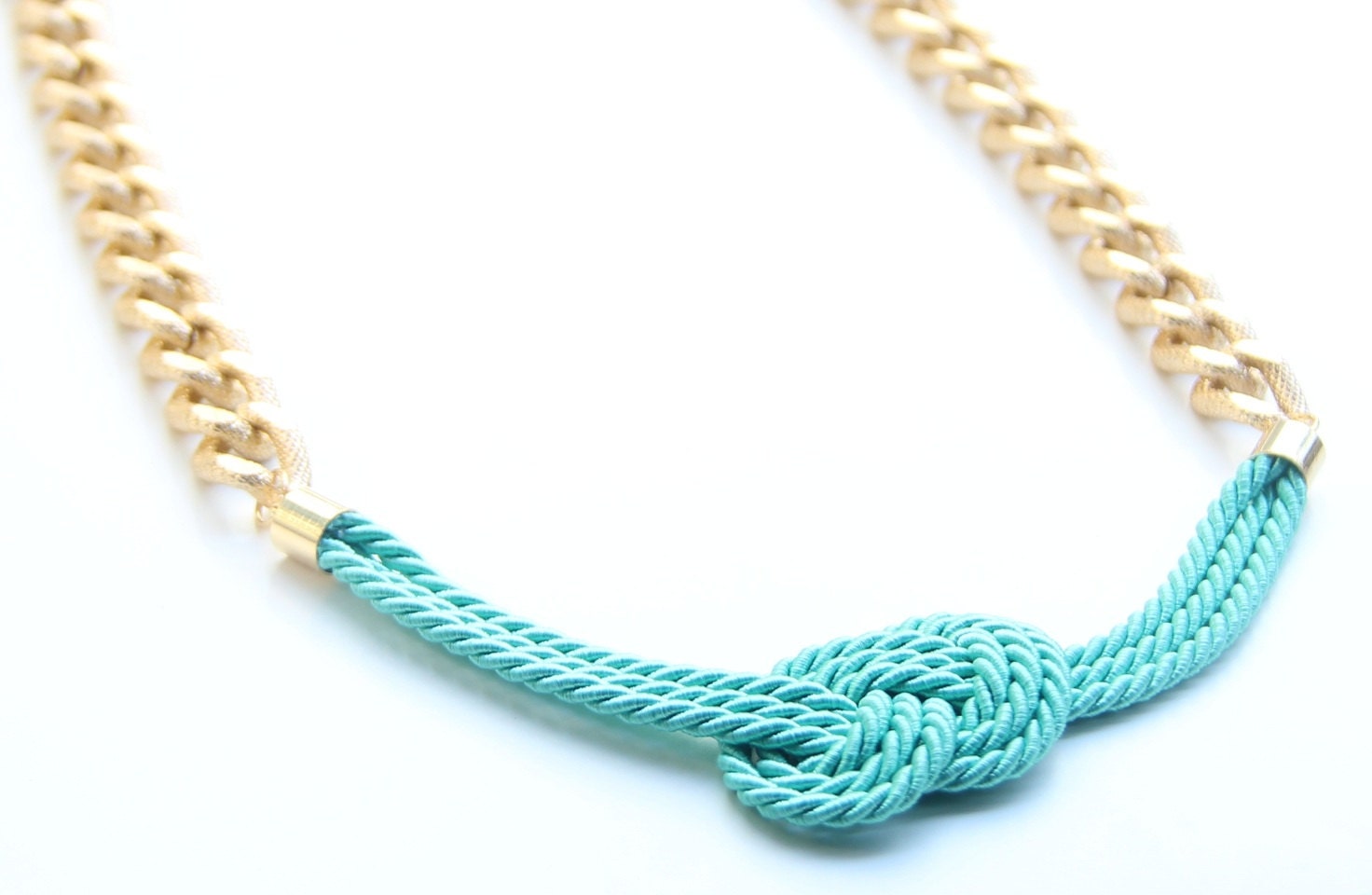 Gold Chunky Chain with mint - turquoise silk knot necklace - 24k gold plated - Statement bib