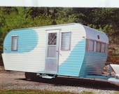 1960s Business Card, Snapshot Color Photograph, Mechling Trailer Sales Ohio, Luxor Travel Trailer,Turquoise and White, Ohio Souvenir