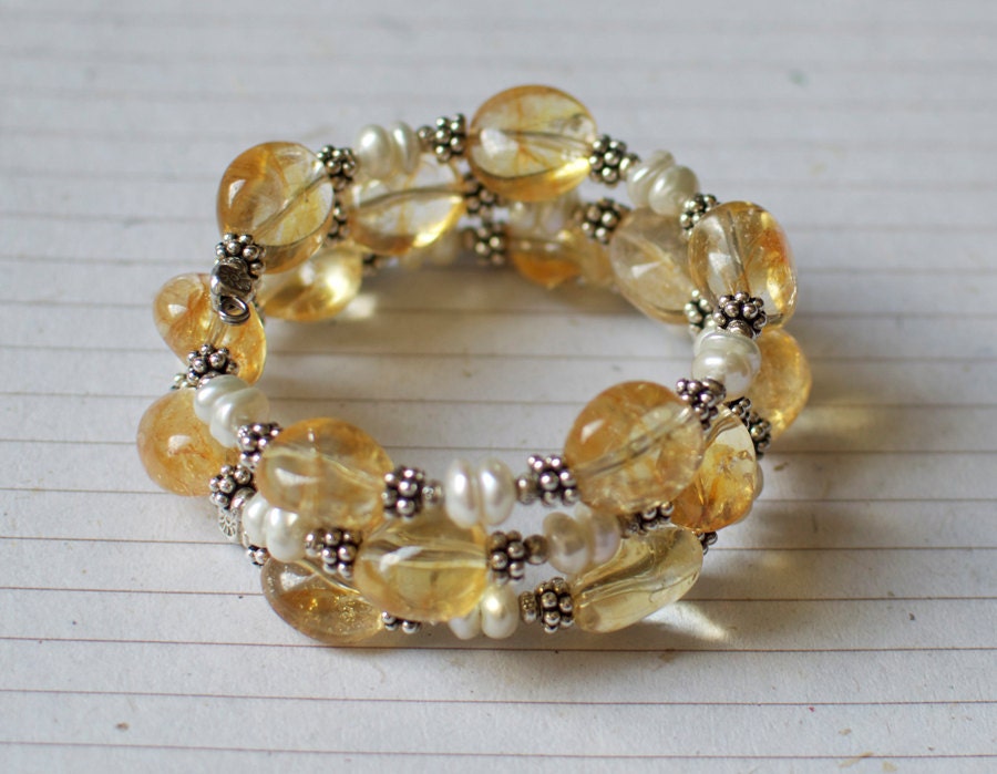 Citrine quartz freshwater pearl bracelet: sterling silver, bali beads, coil style