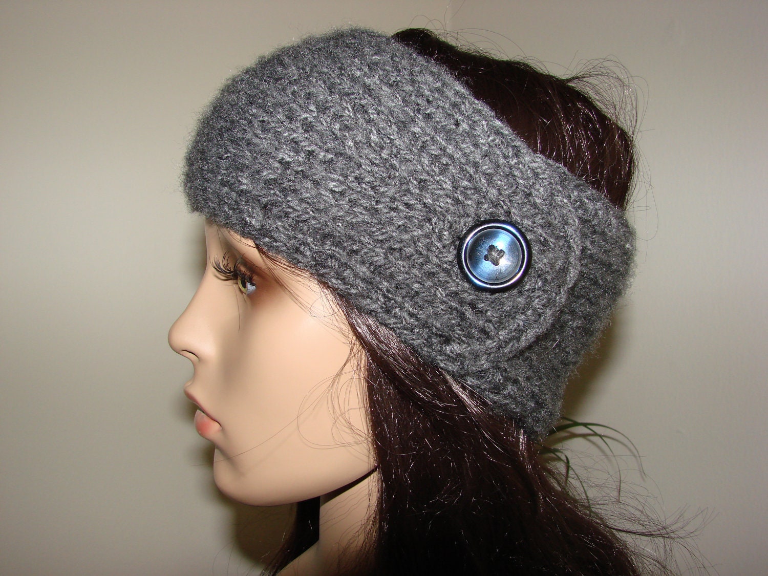 Button Crochet Knit Turban Headband Woman Teen Young Adult Girl handmaded knit dark grey ski earwarmer neck warmer