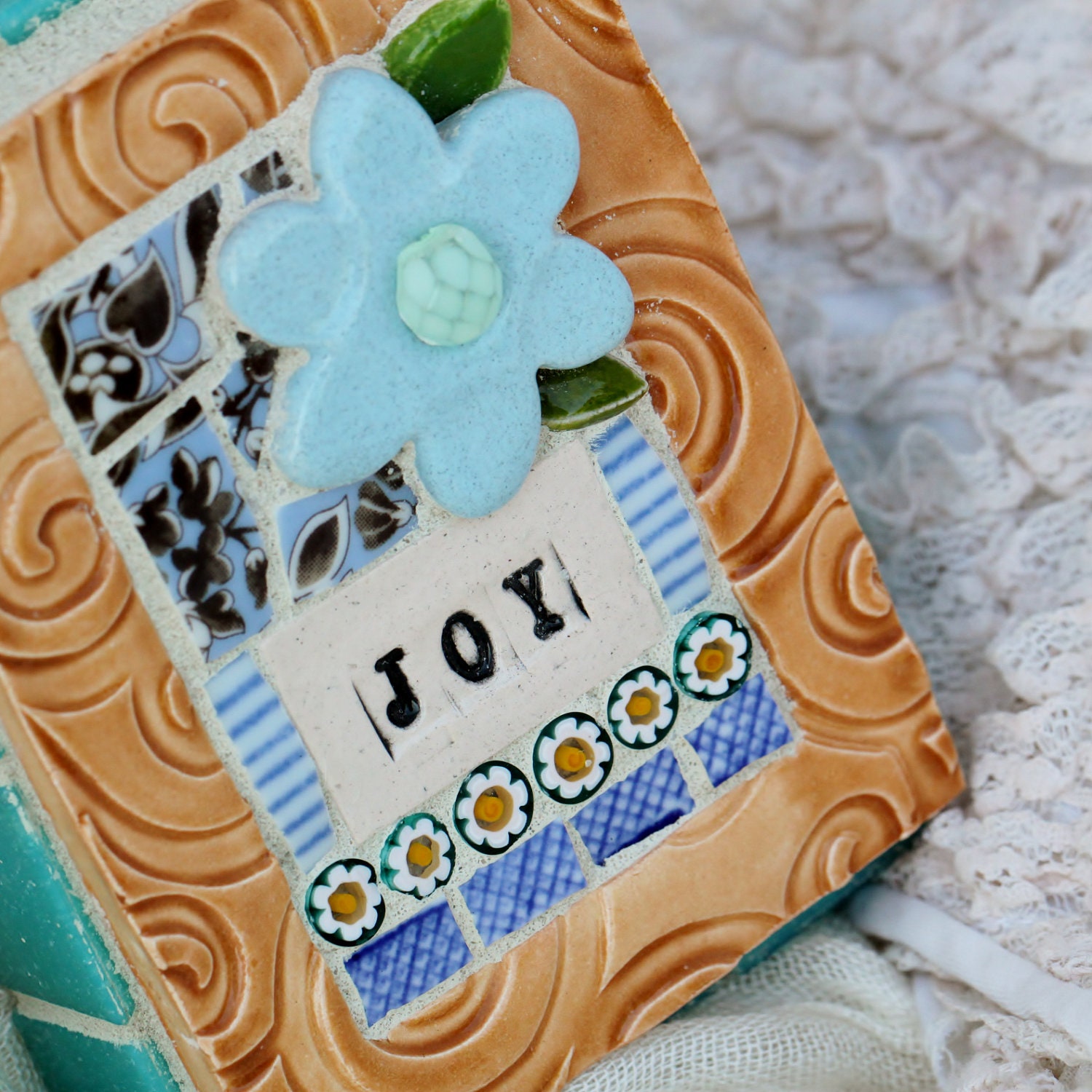 JOY Blue Flower mixed media mosaic