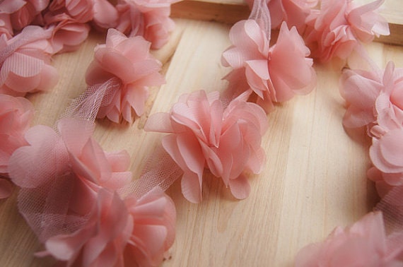 3D Lace Trim Handmade Chiffon Fabric Flowers pink Chiffon Rosette Blossom Dress Headware Decoration Wedding Decors Doll Dress Supplies