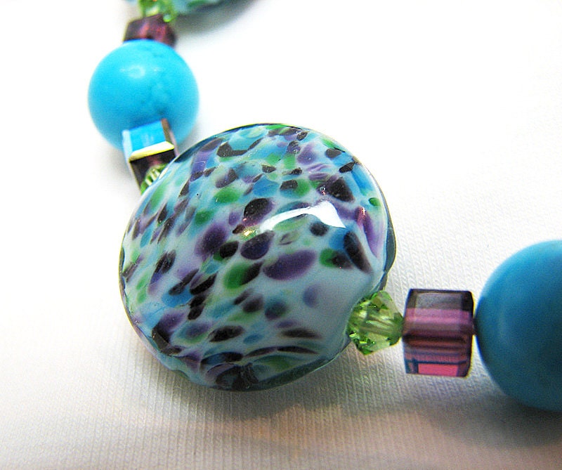 Turquoise beaded bracelet Lampwork glass amd purple warovski crystal Colorful beaded jewelry.