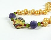 Yellow and purple necklace Baroque pearl, amethyst and floral porcelain beaded necklace Single strand beaded jewelry