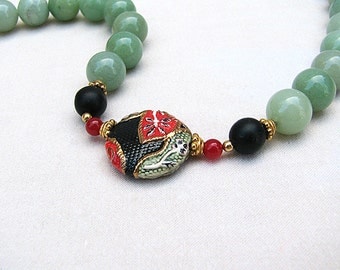 Sage green necklace Red and black porcelain beaded necklace Single strand aventurine gemstone jewelry Beaded jewelry Mothers Day
