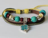 003 Handmade brown leather bracelet Charm bracelet Fashion jewelry Lucky leaf and beads Birthday gift