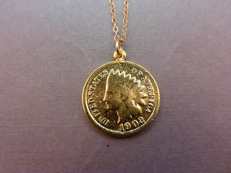 Real Indian Head Penny Coin Pendant Necklace - REAL Cent layered in 24k gold on gold fill chain