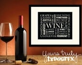 Wine Themed Typography Word Art - 8x10 Matted Print in 11x14 Frame - Perfect for Wineaux's - Available in Your Choice of Colors