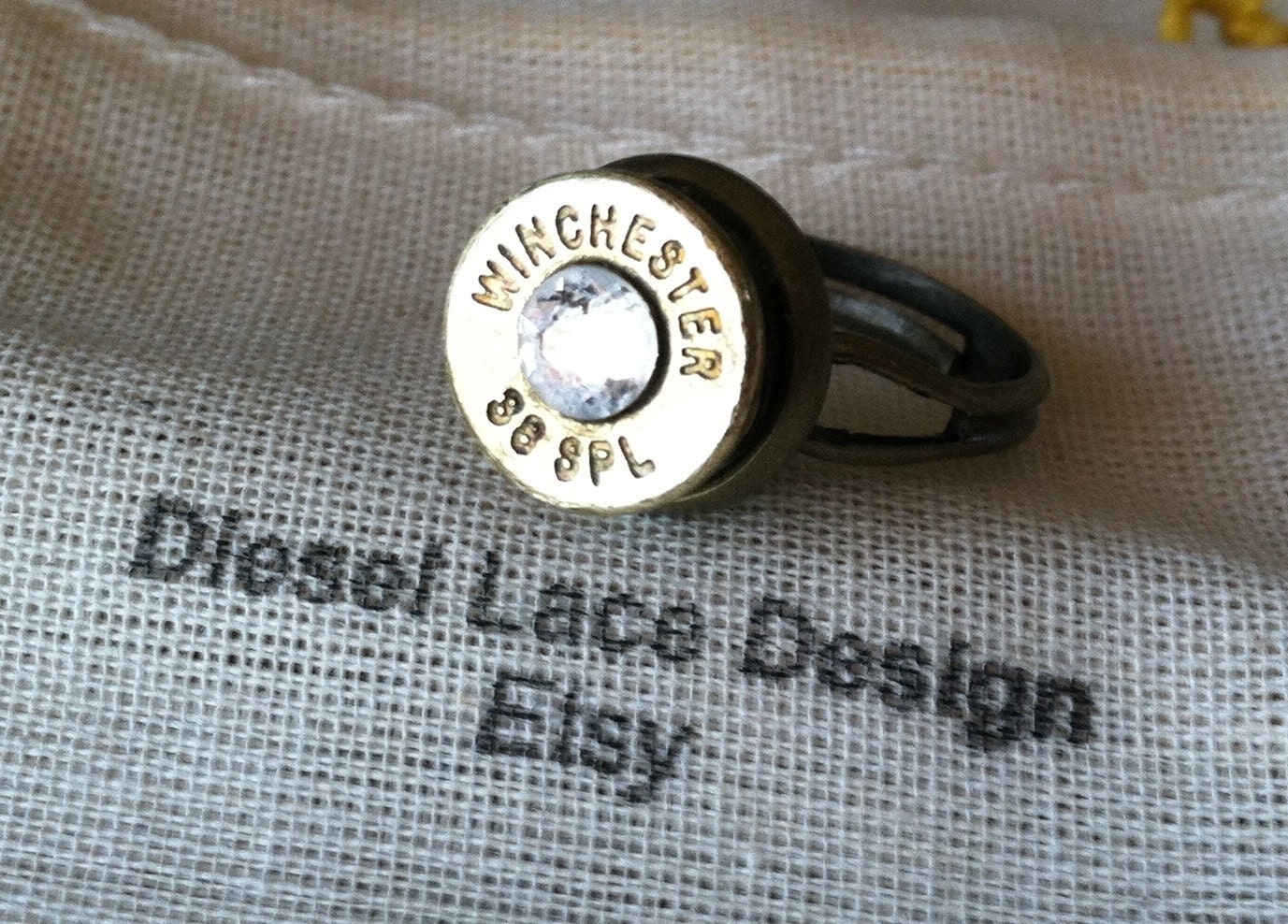 Bullet ring 38 special swarosvski cyrstal white diamond Adjustable upcycled recycled handmade bullet jewelry mens ring or womens ring