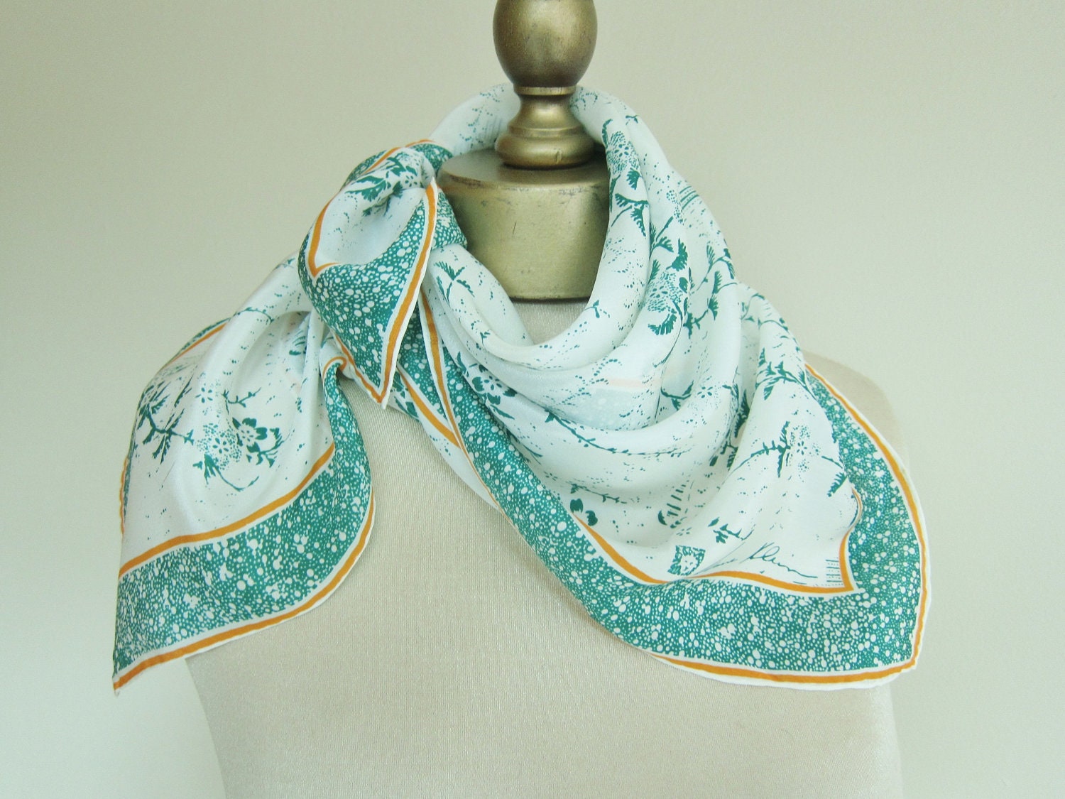 Anne Klein, silk scarf , Kelly green, orange,  delicate, floral, hand rolled