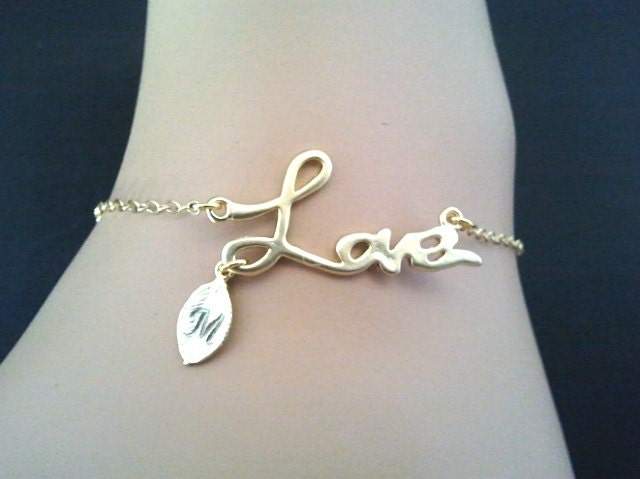 Love with PERSONALIZED INITIAL Leaf Gold Bracelet - graduation bracelet ,infinity love bracelet,Friendship bracelet, wedding bracelet