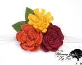 Autumn. Yellow, Orange, and Cranberry Flower Cluster Headband. Newborn prop, baby flower headband, clip, pin. Fall, Thanksgiving, Halloween