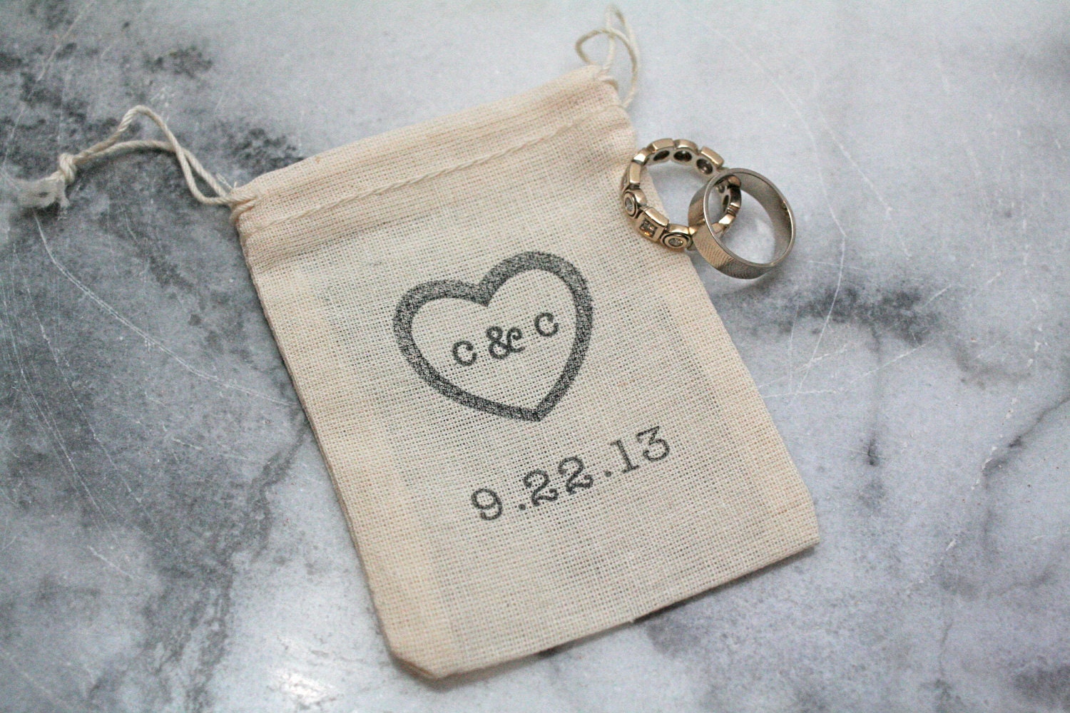 Personalized wedding ring bag.  Rustic muslin ring bag. ring bearer accessory.  2x4 muslin bags custom initials and wedding date.