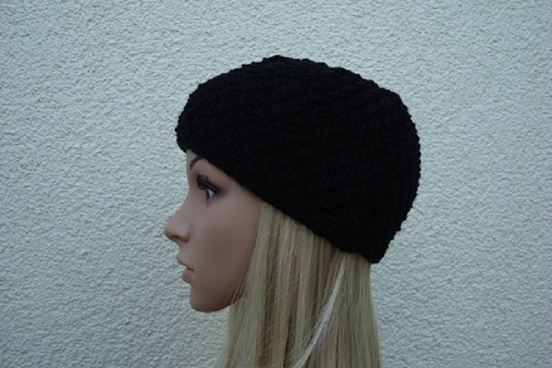 Hand Knit Black Beanie Hat- Women Beanie With Flower-Girls Beanie With Flower- Hand Knitted,